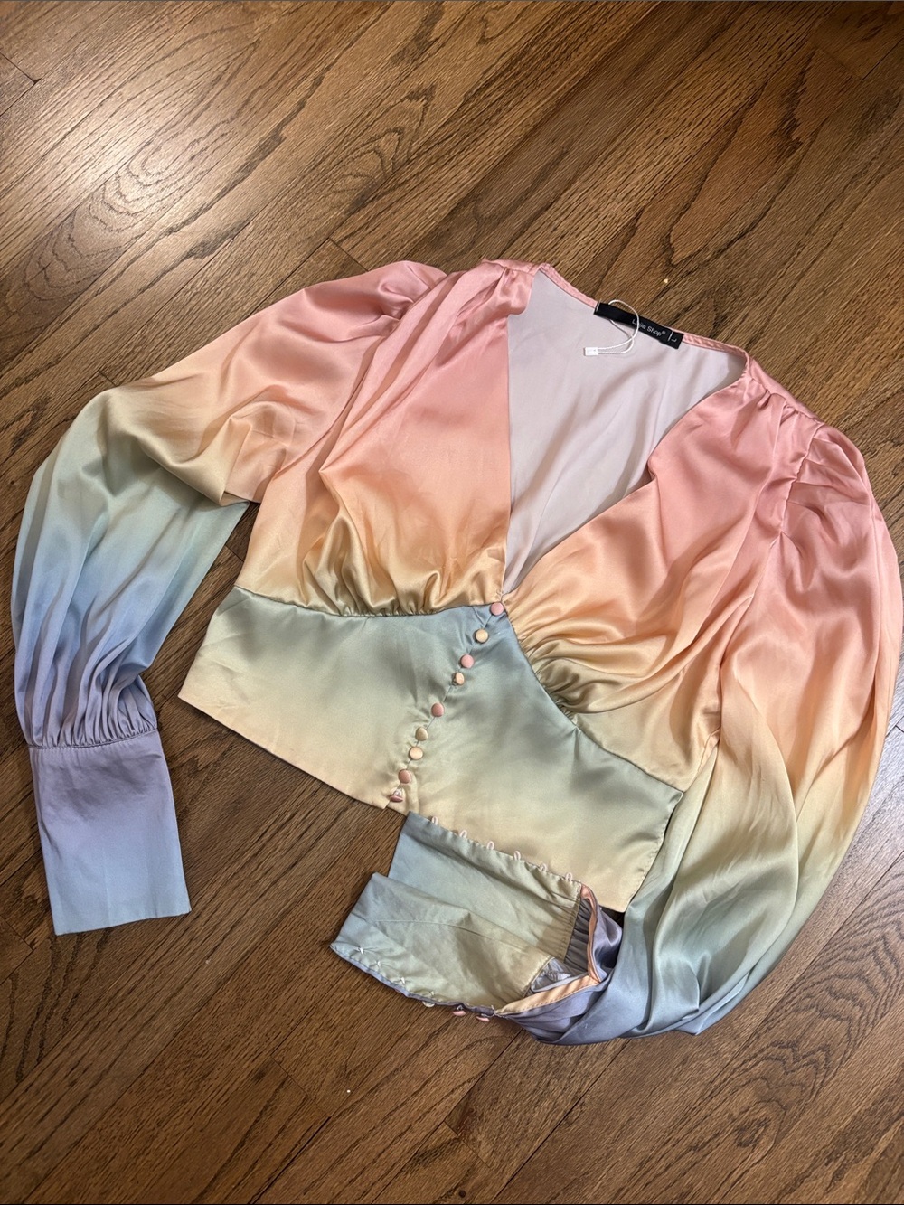 Linjia Shop Pastel Rainbow Satin Cropped Blouse Lirika Matoshi Style
